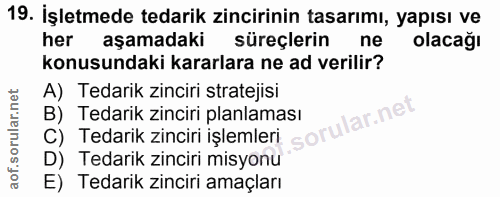 19. soru: İşletmede tedarik zincirinin tasarımı, yapısı ve her aşamadaki süreçlerin ne olacağı konusundaki kararlara ne ad veri…