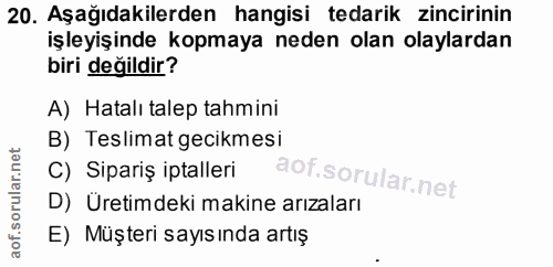 20. soru: Aşağıdakilerden hangisi tedarik zincirinin işleyişinde kopmaya neden olan olaylardan biri değildir? A) Hatalı talep t…