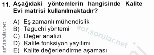 11. soru: Aşağıdaki yöntemlerin hangisinde Kalite Evi matrisi kullanılmaktadır? A) Eş zamanlı mühendislik B) Taguchi yöntemi C)…