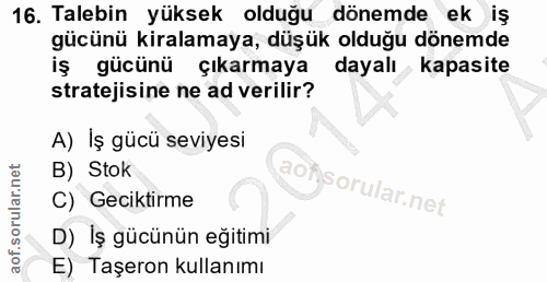 16. soru: Talebin yüksek olduğu dönemde ek iş gücünü kiralamaya, düşük olduğu dönemde iş gücünü çıkarmaya dayalı kapasite strat…