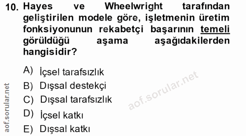 10. soru: Hayes ve Wheelwright tarafindan geliştirilen modele göre, işletmenin üretim fonksiyonunun rekabetçi başarının temeli…
