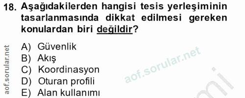 18. soru: Aşağıdakilerden hangisi tesis yerleşiminin tasarlanmasında dikkat edilmesi gereken konulardan biri değildir? A) Güven…