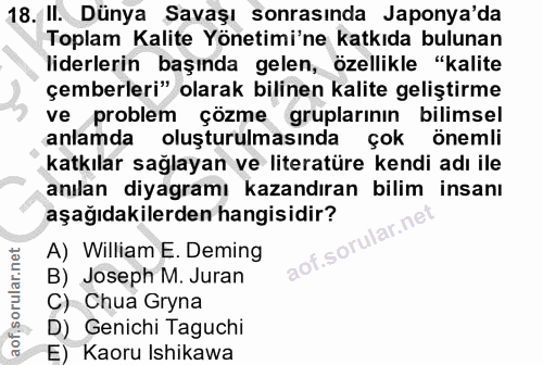 18. soru: II. Dünya Savaşı sonrasında Japonya'da Toplam Kalite Yönetimi'ne katkıda bulunan liderlerin başında gelen, özellikle…