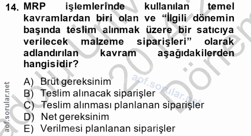 14. soru: MRP işlemlerinde kullanılan temel kavramlardan biri olan ve "İlgili dönemin başında teslim alınmak üzere bir satıcıya…
