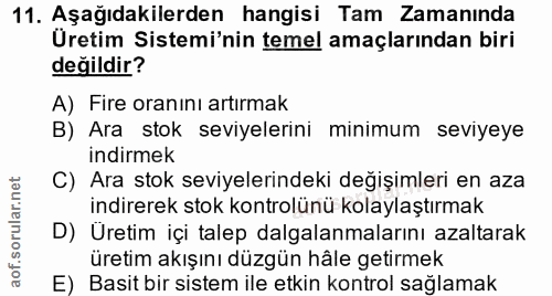 11. soru: Aşağıdakilerden hangisi Tam Zamanında Üretim Sistemi'nin temel amaçlarından biri değildir? A) Fire oranını artırmak B…