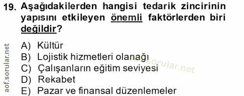 19. soru: Aşağıdakilerden hangisi tedarik zincirinin yapısını etkileyen önemli faktörlerden biri değildir? A) Kültür B) Lojisti…