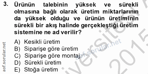 3. soru: Ürünün talebinin yüksek ve sürekli olmasına bağlı olarak üretim miktarlarının da yüksek olduğu ve ürünün üretiminin s…