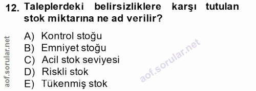 12. soru: Taleplerdeki belirsizliklere karşı tutulan stok miktarına ne ad verilir? A) Kontrol stoğu B) Emniyet stoğu C) Acil st…