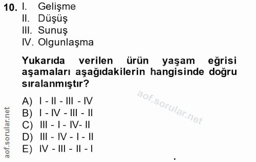 10. soru: 1. Gelişme II. Düşüş III. Sunuş IV. Olgunlaşma Yukarıda verilen ürün yaşam eğrisi aşamaları aşağıdakilerin hangisinde…