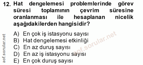 12. soru: Hat dengelemesi problemlerinde görev süresi toplamının çevrim süresine oranlanması ile hesaplanan nicelik aşağıdakile…