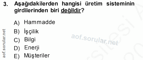 3. soru: Aşağıdakilerden hangisi üretim sisteminin girdilerinden biri değildir? A) Hammadde B) İşçilik C) Bilgi D) Enerji E) M…