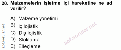 20. soru: Malzemelerin işletme içi hareketine ne ad verilir? A) Malzeme yönetimi B) İç lojistik C) Dış lojistik D) Stoklama E)…