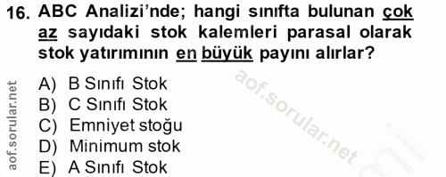 16. soru: ABC Analizi'nde; hangi sınıfta bulunan çok az sayıdaki stok kalemleri parasal olarak stok yatırımının en büyük payını…
