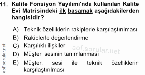 11. soru: Kalite Fonsiyon Yayılımı'nda kullanılan Kalite Evi Matisindeki ilk basamak aşağıdakilerden hangisidir? A) Teknik özel…