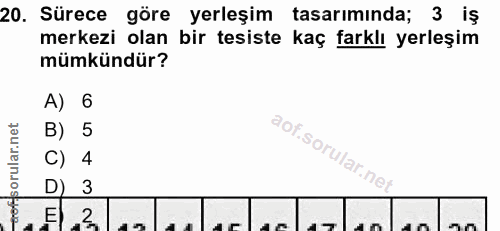 20. soru: Sürece göre yerleşim tasarımında; 3 iş merkezi olan bir tesiste kaç farklı yerleşim mümkündür? A) 6 B) 5 f C) 4 D 3 2
