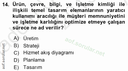 14. soru: Ürün, çevre, bilgi, ve işletme kimliği ile ilişkili temel tasarım elemanlarının yaratıcı kullanımı aracılığı ile müşt…
