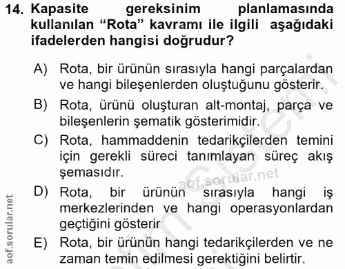 14. soru: Kapasite gereksinim planlamasında kullanılan "Rota" kavramı ile ilgili aşağıdaki ifadelerden hangisi doğrudur? A) Rot…