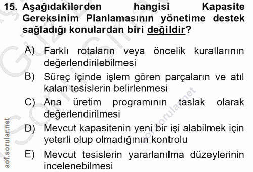 15. soru: Aşağıdakilerden hangisi Kapasite Gereksinim Planlamasının yönetime destek sağladığı konulardan biri değildir? A) Fark…