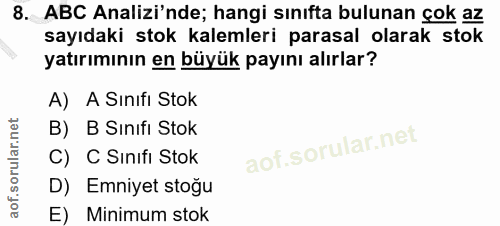 8. soru: ABC Analizi'nde; hangi sınıfta bulunan çok az sayıdaki stok kalemleri parasal olarak stok yatırımının en büyük payını…