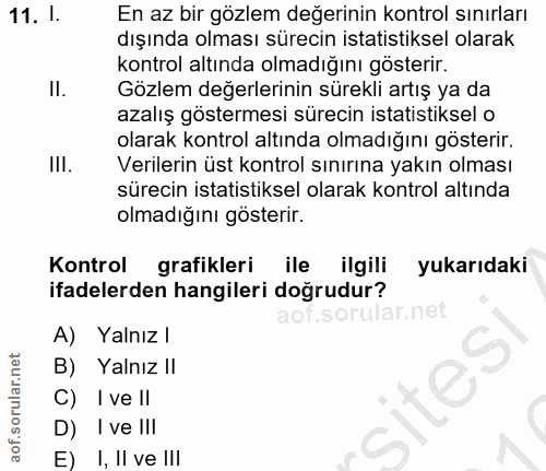 11. soru: I. En az bir gözlem değerinin kontrol sınırları dışında olması sürecin istatistiksel olarak kontrol altında olmadığın…