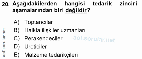 20. soru: Aşağıdakilerden hangisi tedarik zinciri aşamalarından biri değildir? A) Toptancilar B) Halkla ilişkiler uzmanları C)…