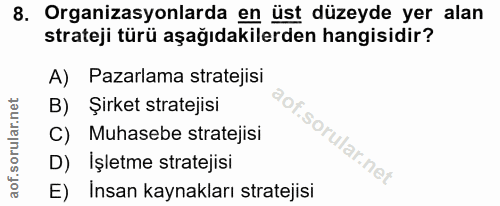 8. soru: Organizasyonlarda en üst düzeyde yer alan strateji türü aşağıdakilerden hangisidir? A) Pazarlama stratejisi B) Şirket…