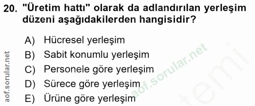 20. soru: "Üretim hatti" olarak da adlandırılan yerleşim düzeni aşağıdakilerden hangisidir? A) Hücresel yerleşim B) Sabit konum…