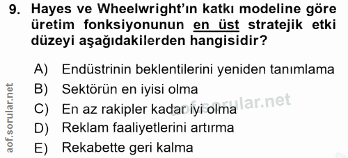 9. soru: Hayes ve Wheelwright'ın katkı modeline göre üretim fonksiyonunun en üst stratejik etki düzeyi aşağıdakilerden hangisi…