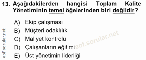 13. soru: Aşağıdakilerden hangisi Toplam Kalite Yönetiminin temel öğelerinden biri değildir? A) Ekip çalışması B) Müşteri odakl…