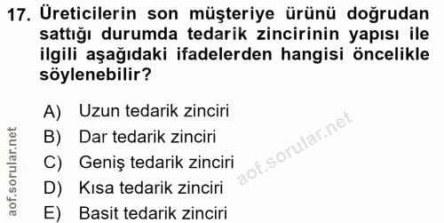17. soru: Üreticilerin son müşteriye ürünü doğrudan sattığı durumda tedarik zincirinin yapısı ile ilgili aşağıdaki ifadelerden…