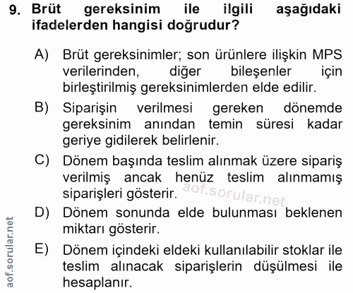 9. soru: Brüt gereksinim ile ilgili aşağıdaki ifadelerden hangisi doğrudur? A) Brüt gereksinimler; son ürünlere ilişkin MPS ve…