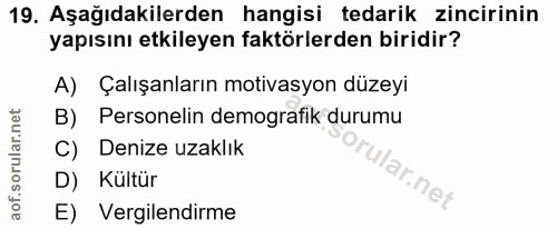 19. soru: Aşağıdakilerden hangisi tedarik zincirinin yapısını etkileyen faktörlerden biridir? A) Çalışanların motivasyon düzeyi…
