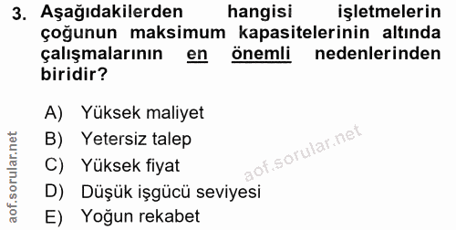 3. soru: Aşağıdakilerden hangisi işletmelerin çoğunun maksimum kapasitelerinin altında çalışmalarının en önemli nedenlerinden…
