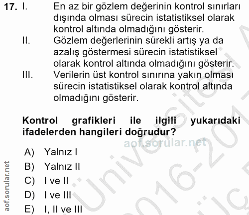17. soru: I. En az bir gözlem değerinin kontrol sınırları dışında olması sürecin istatistiksel olarak kontrol altında olmadığın…