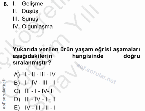 6. soru: I. Gelişme II. Düşüş III. Sunuş IV. Olgunlaşma Yukarıda verilen ürün yaşam eğrisi aşamaları aşağıdakilerin hangisinde…