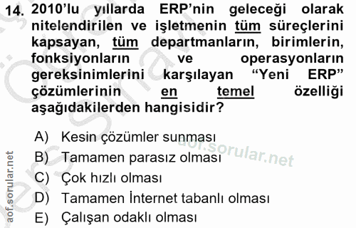 14. soru: 2010'lu yıllarda ER'nin geleceği olarak nitelendirilen ve işletmenin tüm süreçlerini kapsayan, tüm departmanların, bi…