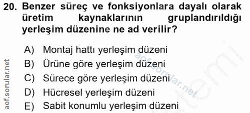 20. soru: Benzer süreç ve fonksiyonlara dayalı olarak üretim kaynaklarının gruplandırıldığı yerleşim düzenine ne ad verilir? A)…