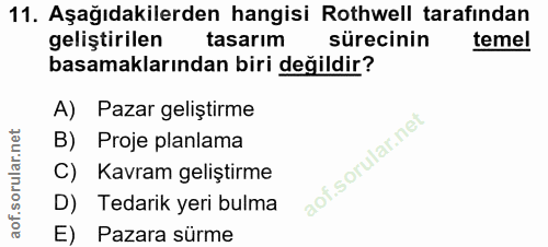 11. soru: Aşağıdakilerden hangisi Rothwell tarafından geliştirilen tasarım sürecinin temel basamaklarından biri değildir? A) Pa…