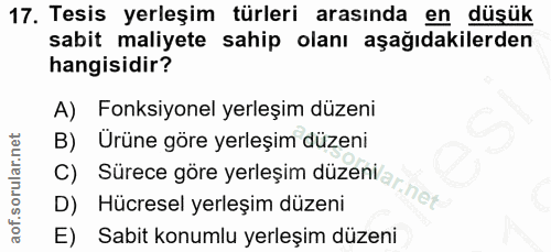 17. soru: Tesis yerleşim türleri arasında en düşük sabit maliyete sahip olanı aşağıdakilerden hangisidir? A) Fonksiyonel yerleş…