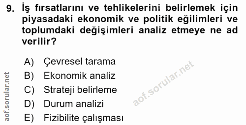 9. soru: Iş fırsatlarını ve tehlikelerini belirlemek için piyasadaki ekonomik ve politik eğilimleri ve toplumdaki değişimleri…