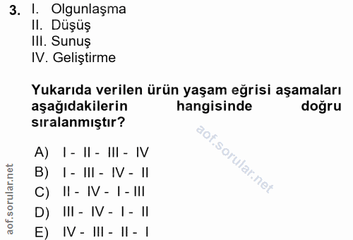 3. soru: 1. Olgunlaşma II. Duşüş IlI. Sunuş IV. Geliştirme Yukarıda verilen ürün yaşam eğrisi aşamaları aşağıdakilerin hangisi…