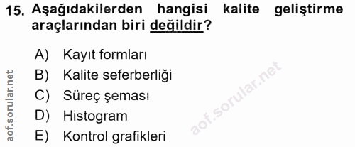 15. soru: Aşağıdakilerden hangisi kalite geliştirme araçlarından biri değildir? A) Kayıt formları B) Kalite seferberliği C) Sür…