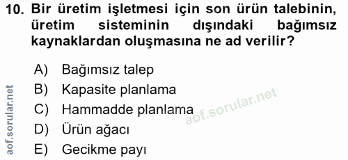 10. soru: Bir üretim işletmesi için son ürün talebinin, üretim sisteminin dışındaki bağımsız kaynaklardan oluşmasına ne ad veri…