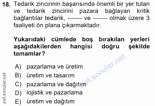 18. soru: Tedarik zincirinin başarısında önemli bir yer tutan ve tedarik zincirini pazara bağlayan kritik bağlantılar tedarik,…