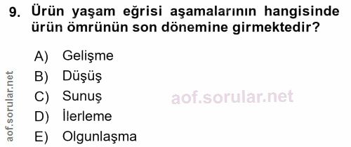 9. soru: Ürün yaşam eğrisi aşamalarının hangisinde ürün ömrünün son dönemine girmektedir? A) Gelişme B) Düşüş C) Sunuş D) Iler…