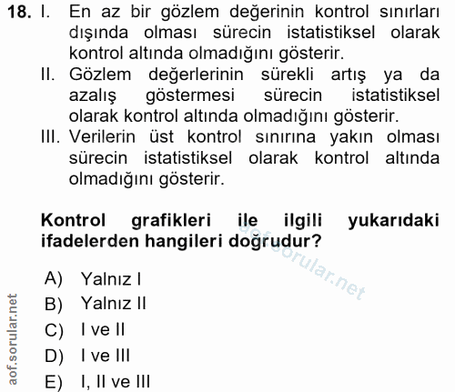 18. soru: I. En az bir gözlem değerinin kontrol sınırları dışında olması sürecin istatistiksel olarak kontrol altında olmadığın…