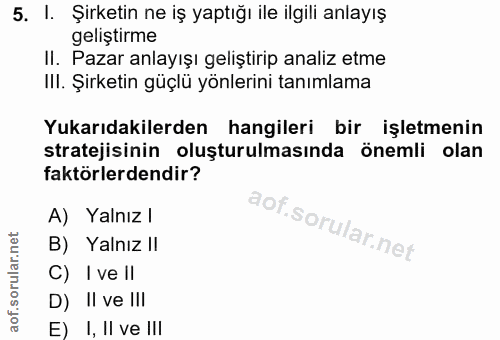 5. soru: I. Şirketin ne iş yaptığı ile ilgili anlayış geliştirme II. Pazar anlayışı geliştirip analiz etme IlI. Şirketin güçlü…