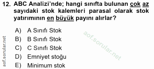 12. soru: ABC Analizi'nde; hangi sınıfta bulunan çok az sayıdaki stok kalemleri parasal olarak stok yatırımının en büyük payını…