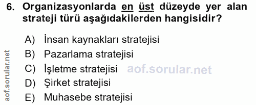6. soru: Organizasyonlarda en üst düzeyde yer alan strateji türü aşağıdakilerden hangisidir? A) Insan kaynakları stratejisi B)…