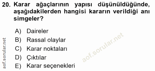 20. soru: Karar ağaçlarının yapısı düşünüldüğünde, aşağıdakilerden hangisi kararın verildiği anı simgeler? A) Daireler B) Rassa…